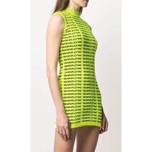 Barrow Neon Yellow Logo Print Knitted Mock Neck Sleeveless Dress Size S